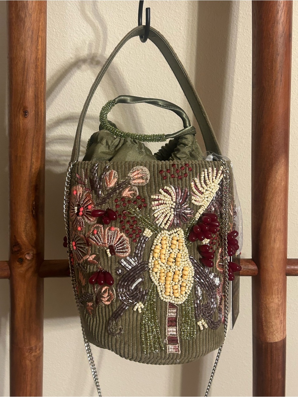 From India to You Beaded Botanical Corduroy Bucket Bag